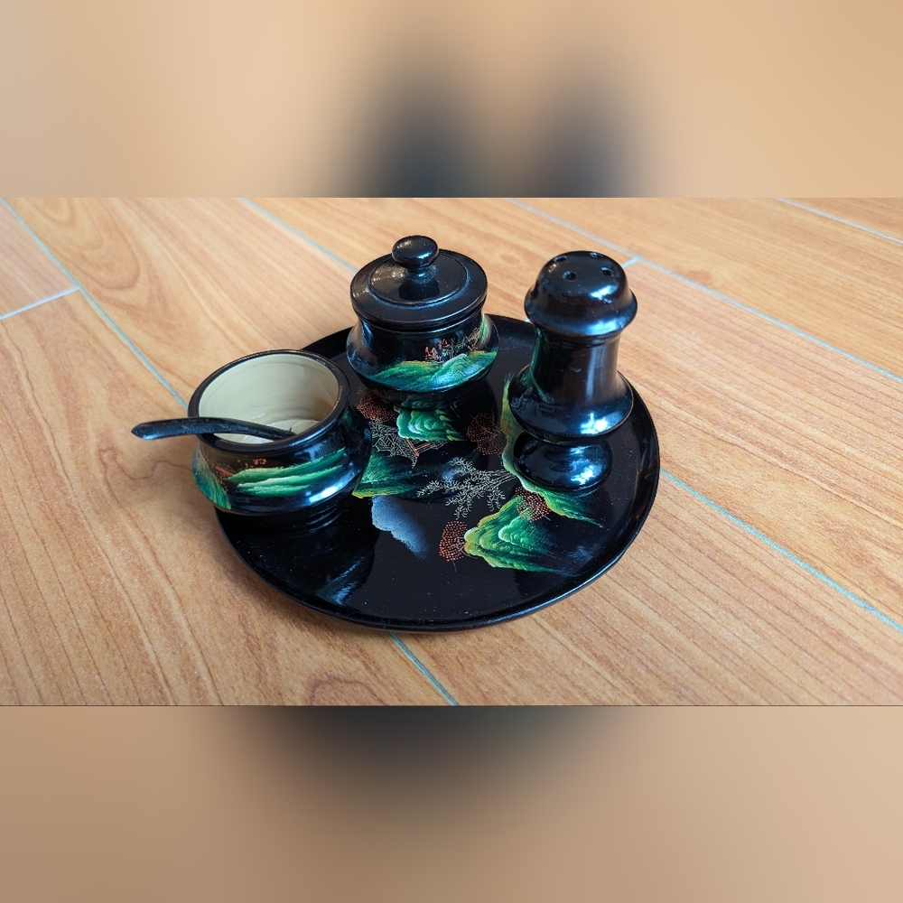 Hand-Painted Black Ceramic Condiment Set